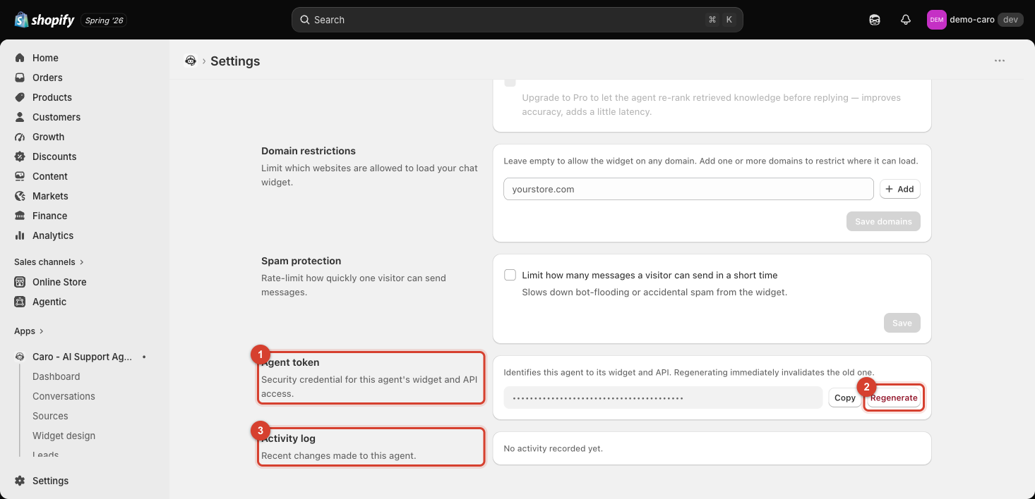 Agent token (redacted) and Activity log sections, with Regenerate highlighted