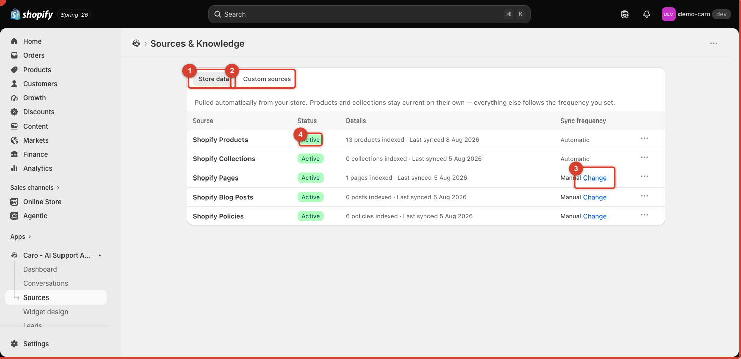 Sources page with the Manual sync frequency and Change link highlighted