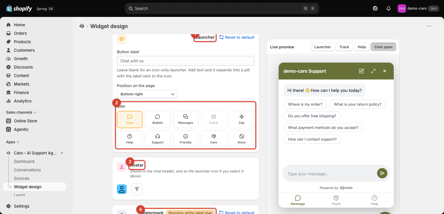Launcher section with the button, position, and icon picker highlighted