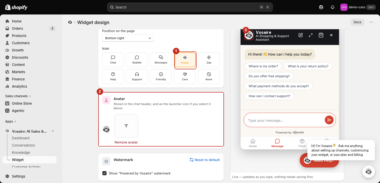 Avatar card with the uploaded image, the Avatar launcher option now enabled, and the chat header showing the new avatar