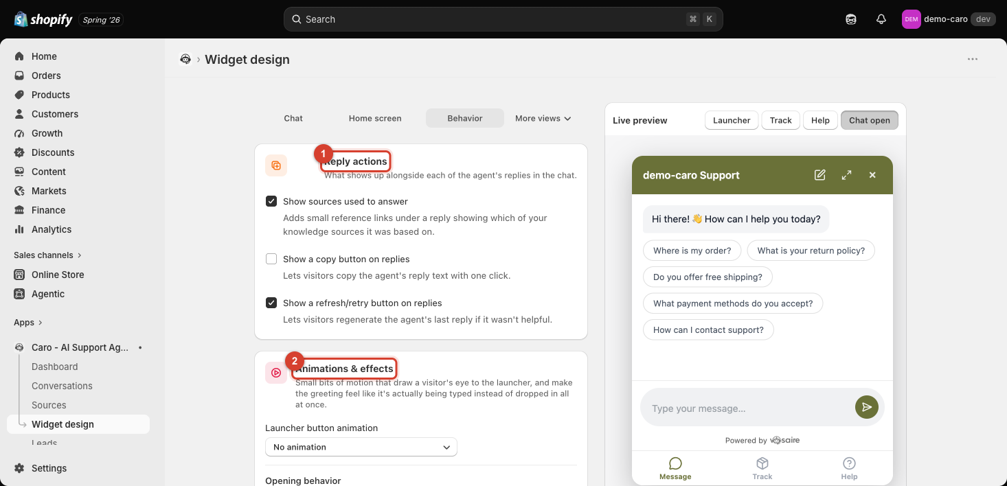 Reply actions and Animations & effects sections highlighted