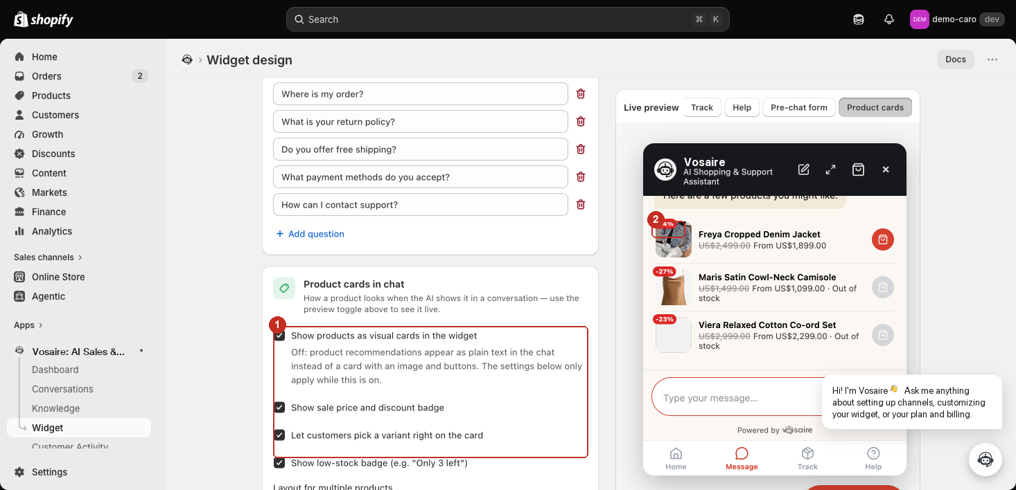 Product cards in chat checkboxes and layout dropdown, with the live preview's discount badge on a product card highlighted