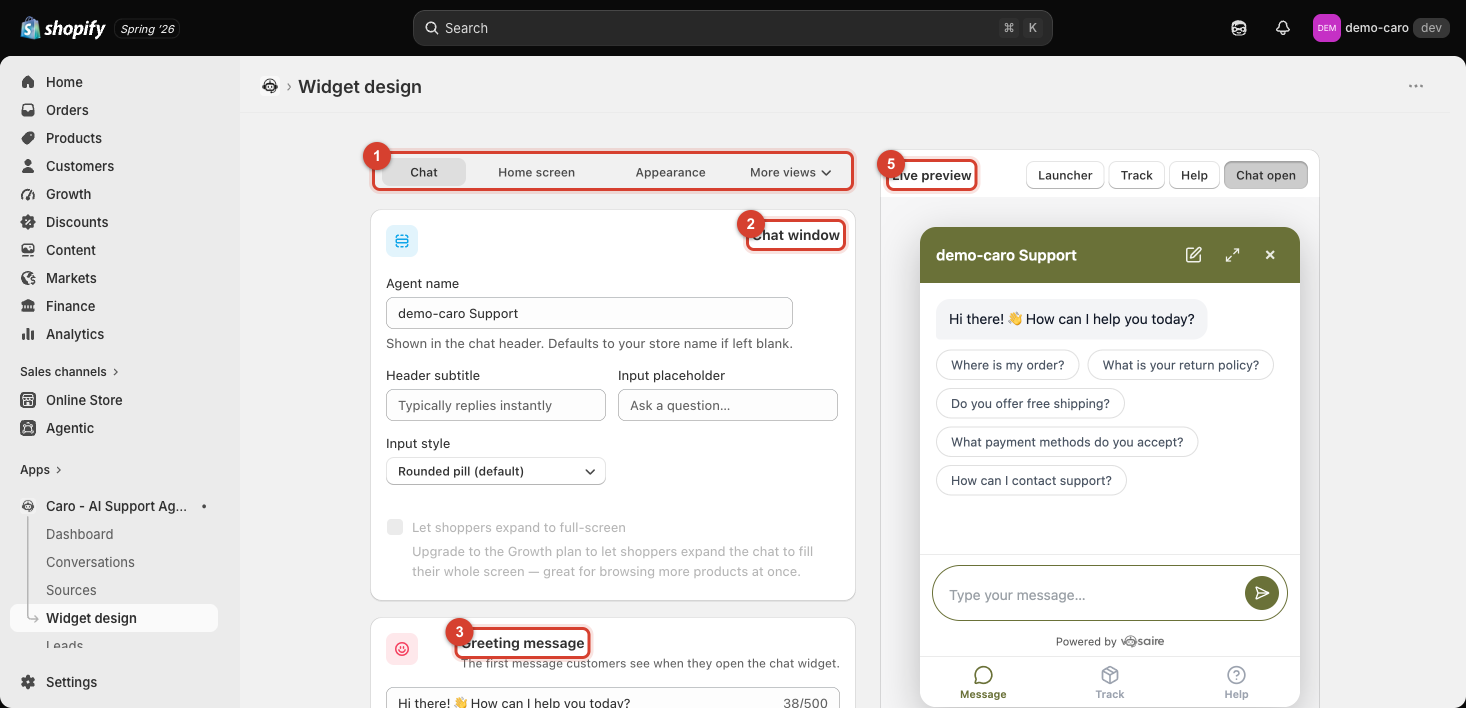 Widget design Chat tab with tabs, Chat window section, and live preview highlighted