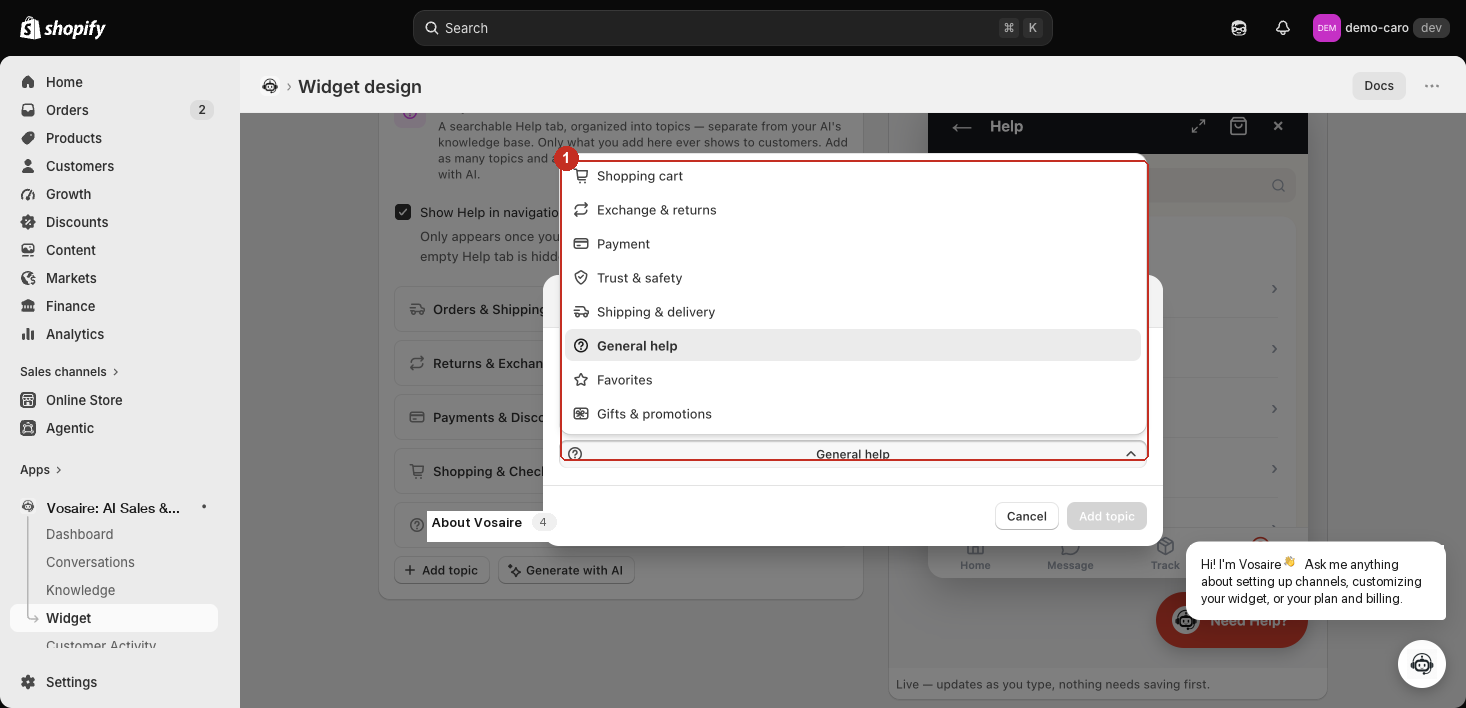 Add a topic dialog with the topic name field and the 8-icon picker open