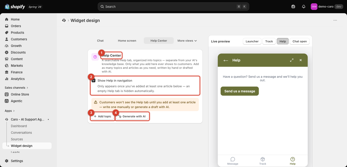 Help Center tab settings with the heading, Show Help in navigation checkbox, and Add topic/Generate with AI buttons highlighted