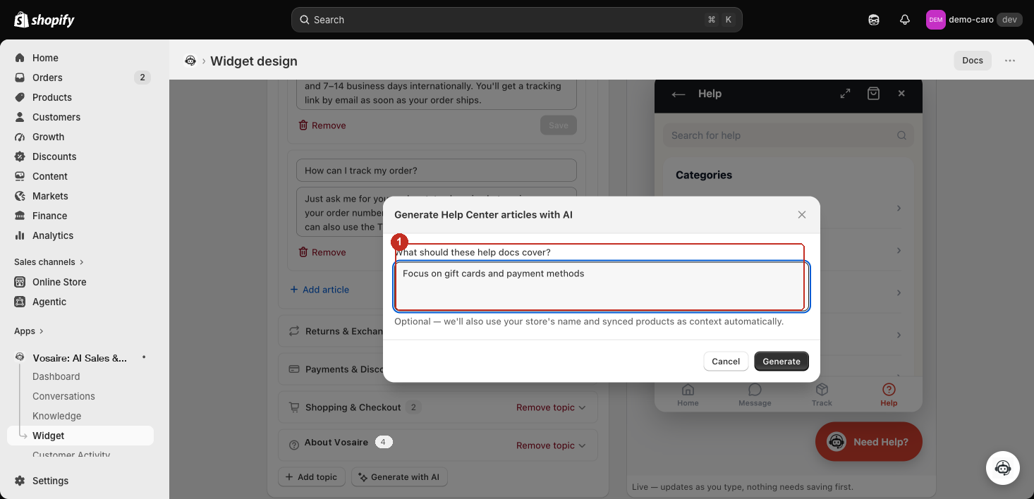 Generate Help Center articles with AI dialog with the instructions field filled in