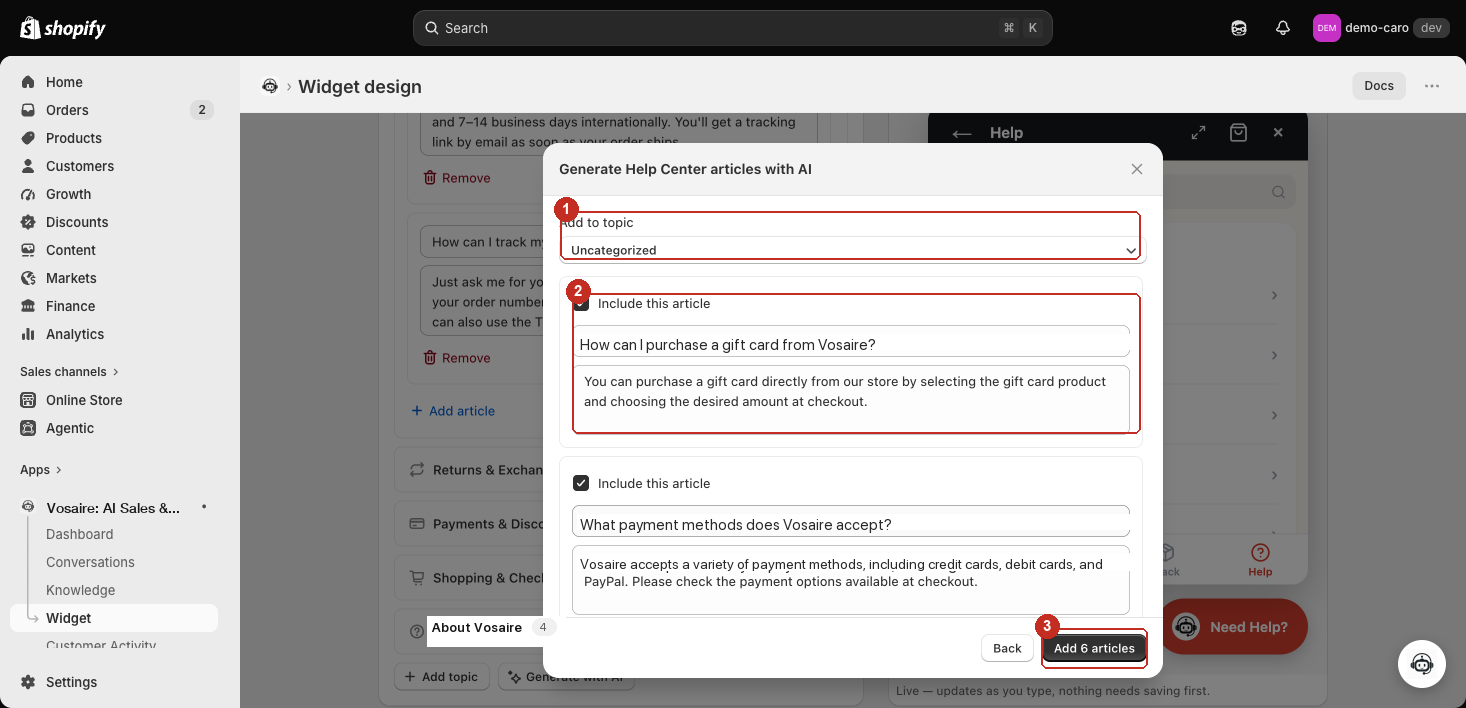 The generated drafts screen — each suggestion has an Include checkbox and editable Question/Answer, with a topic destination dropdown and an Add N articles button