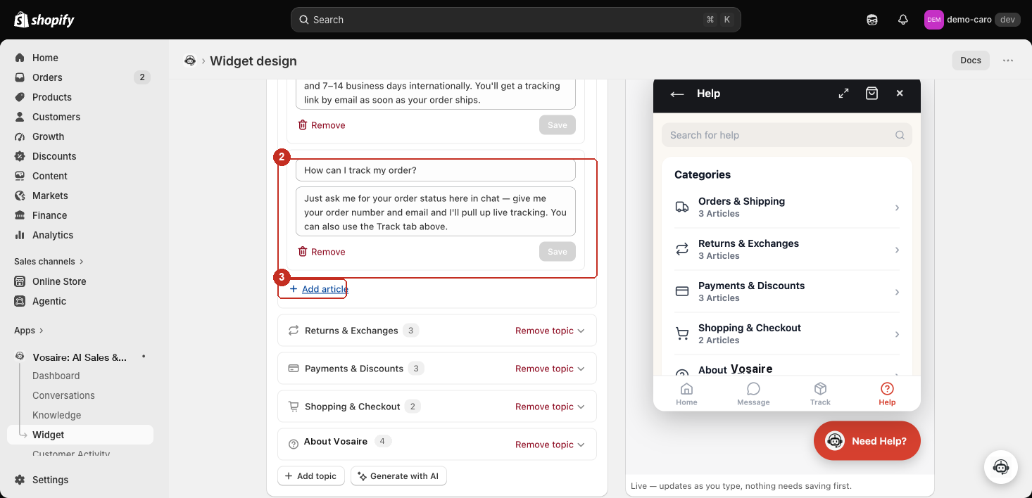 A topic card with a draft article being composed — Question and Answer fields, Cancel/Add buttons, and Add article below