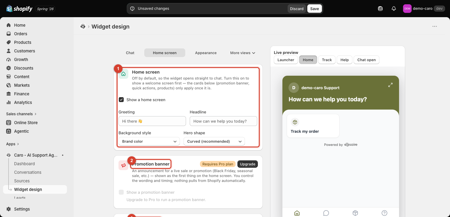 Home screen tab with the toggle, greeting/headline fields, and Promotion banner section highlighted