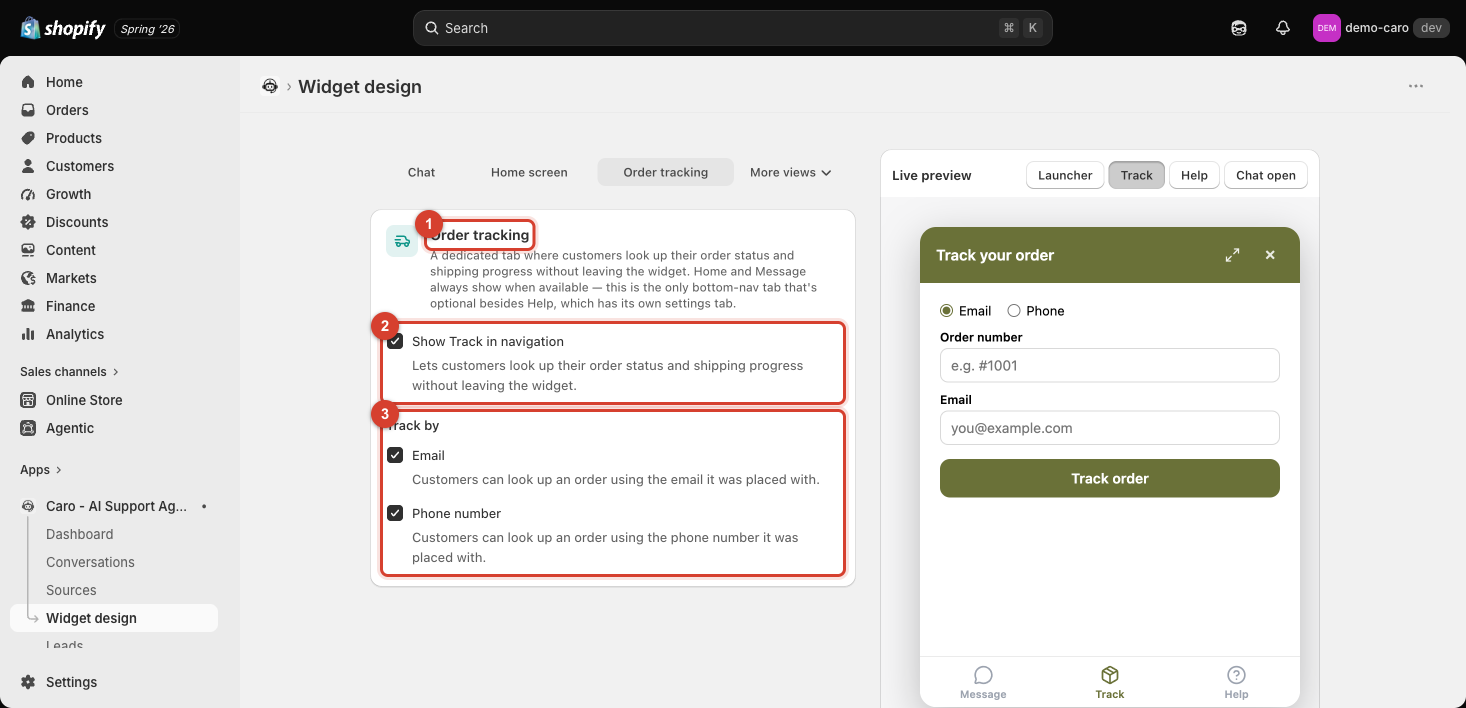 Order tracking settings with the heading, Show Track in navigation checkbox, and Track by options highlighted, alongside the live order-lookup form preview