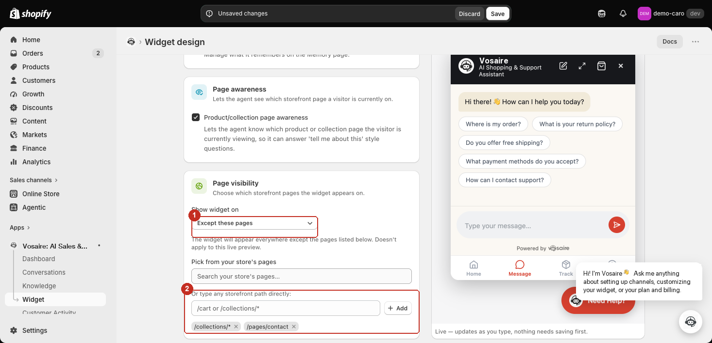 Except these pages selected, with the same picked page and typed path still listed as exclusions