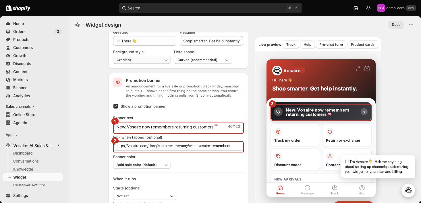 Promotion banner fields — Banner text, Link when tapped, and the live preview showing the banner text rendered above the quick actions