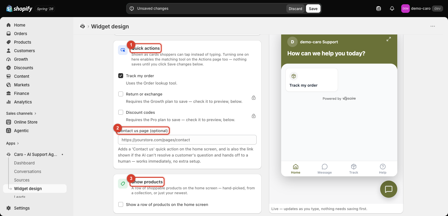 Quick actions checklist, Contact us field, and Show products section highlighted, with the live preview showing a Track my order card