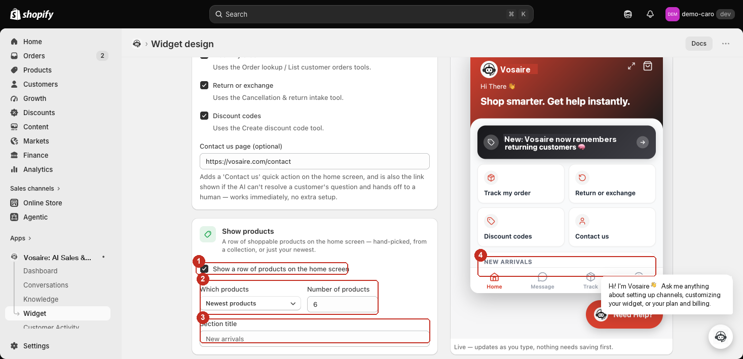 Show a row of products checkbox with Which products, Number of products, and Section title fields, and the live preview's New arrivals row highlighted