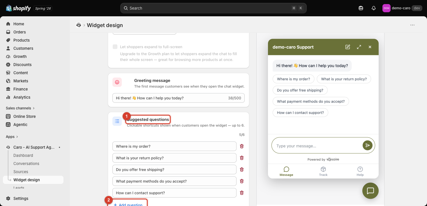 Suggested questions list with the heading and Add question button highlighted