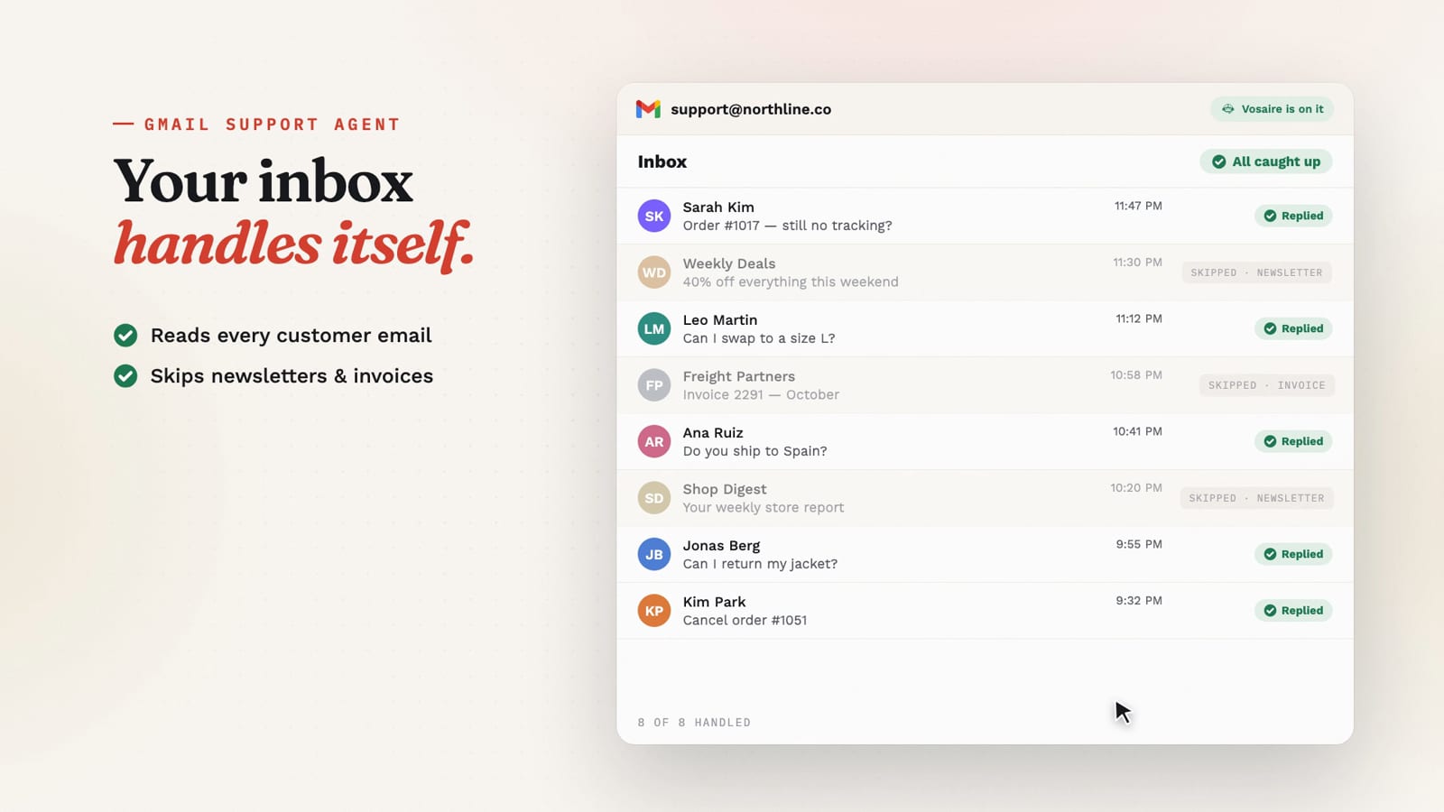 Vosaire's Gmail support agent clearing a store's inbox — customer emails replied, newsletters skipped